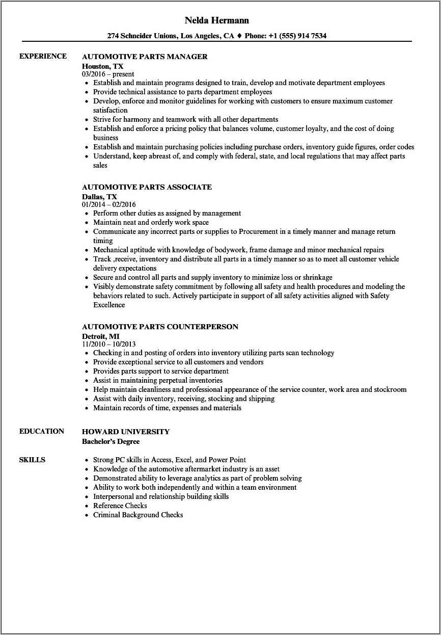Auto Parts Sales Manager Resume