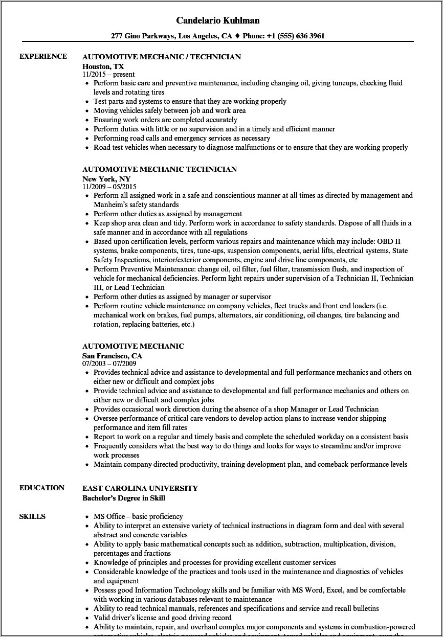 Automotive Technician Job Responsibilities Resume