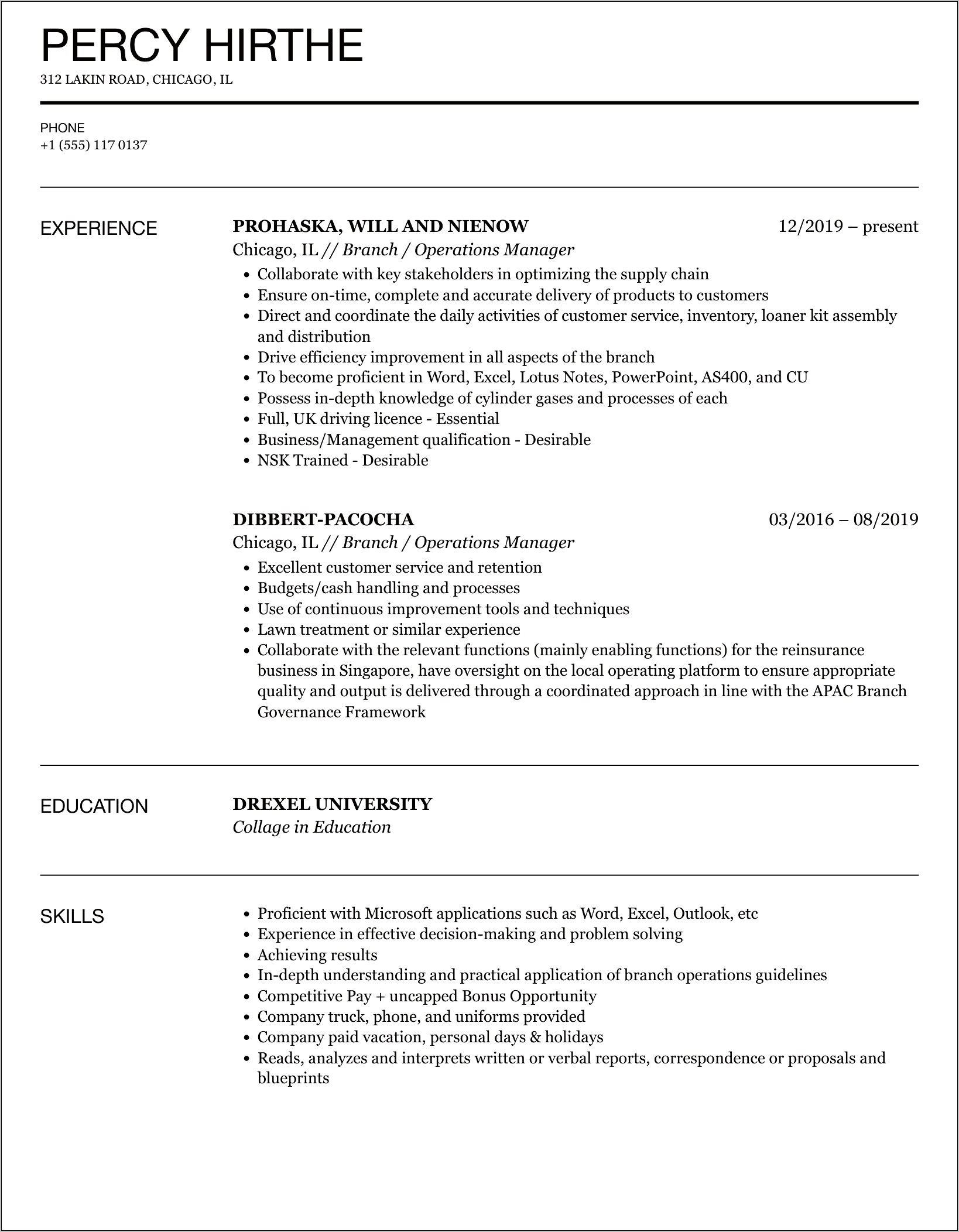 Bank Branch Operation Manager Resume