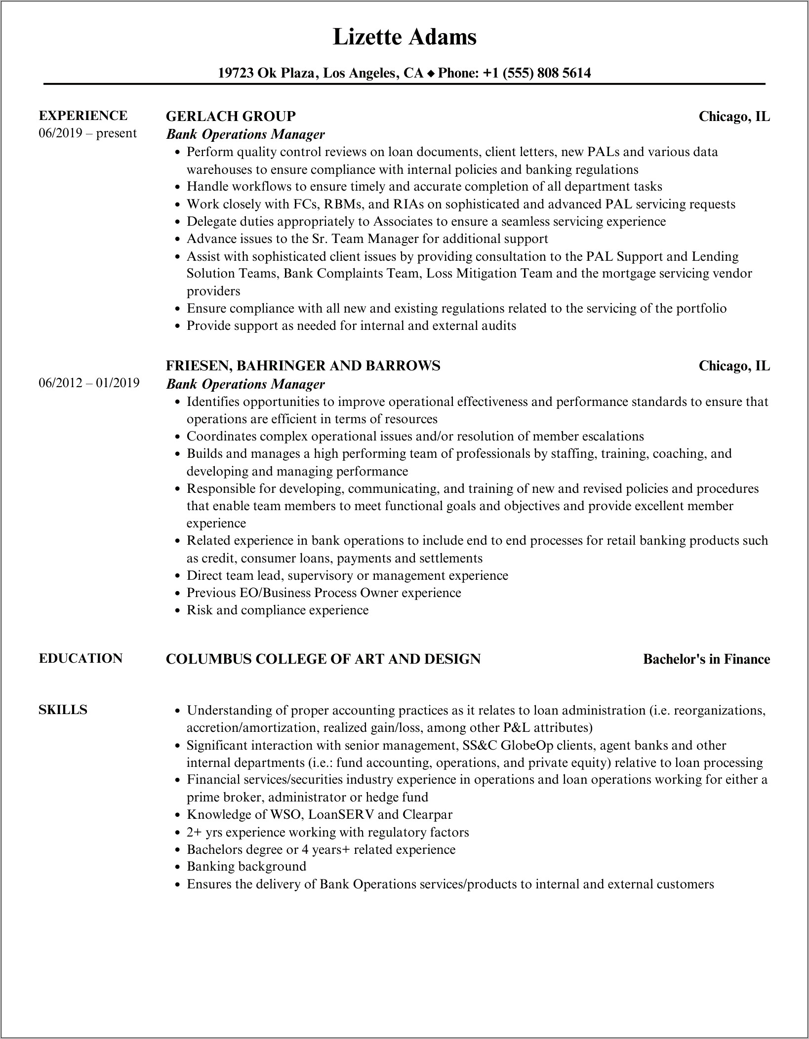 Bank Operations Skill For Resume