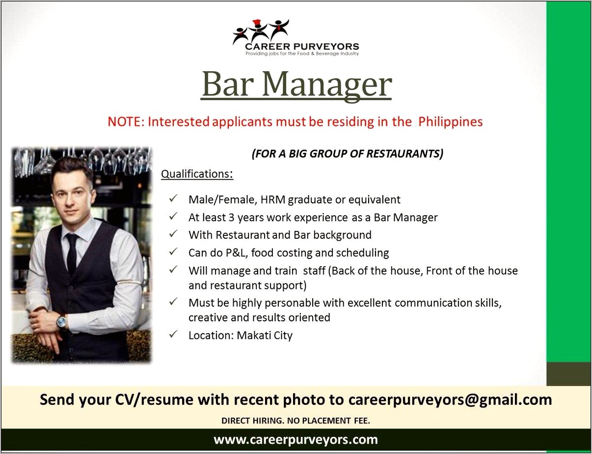 Bar Manger Job Duties Resume