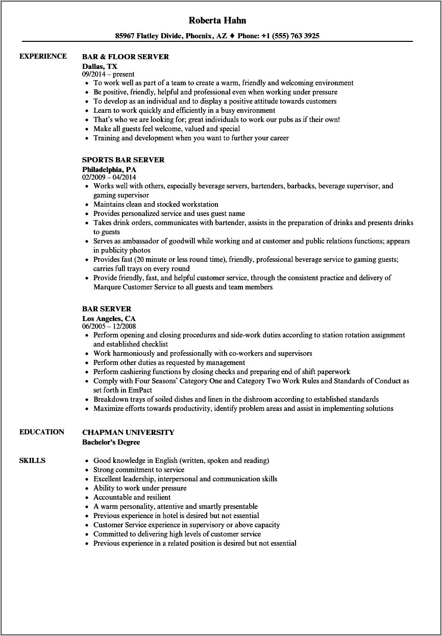 Bar Waitress Job Description Resume