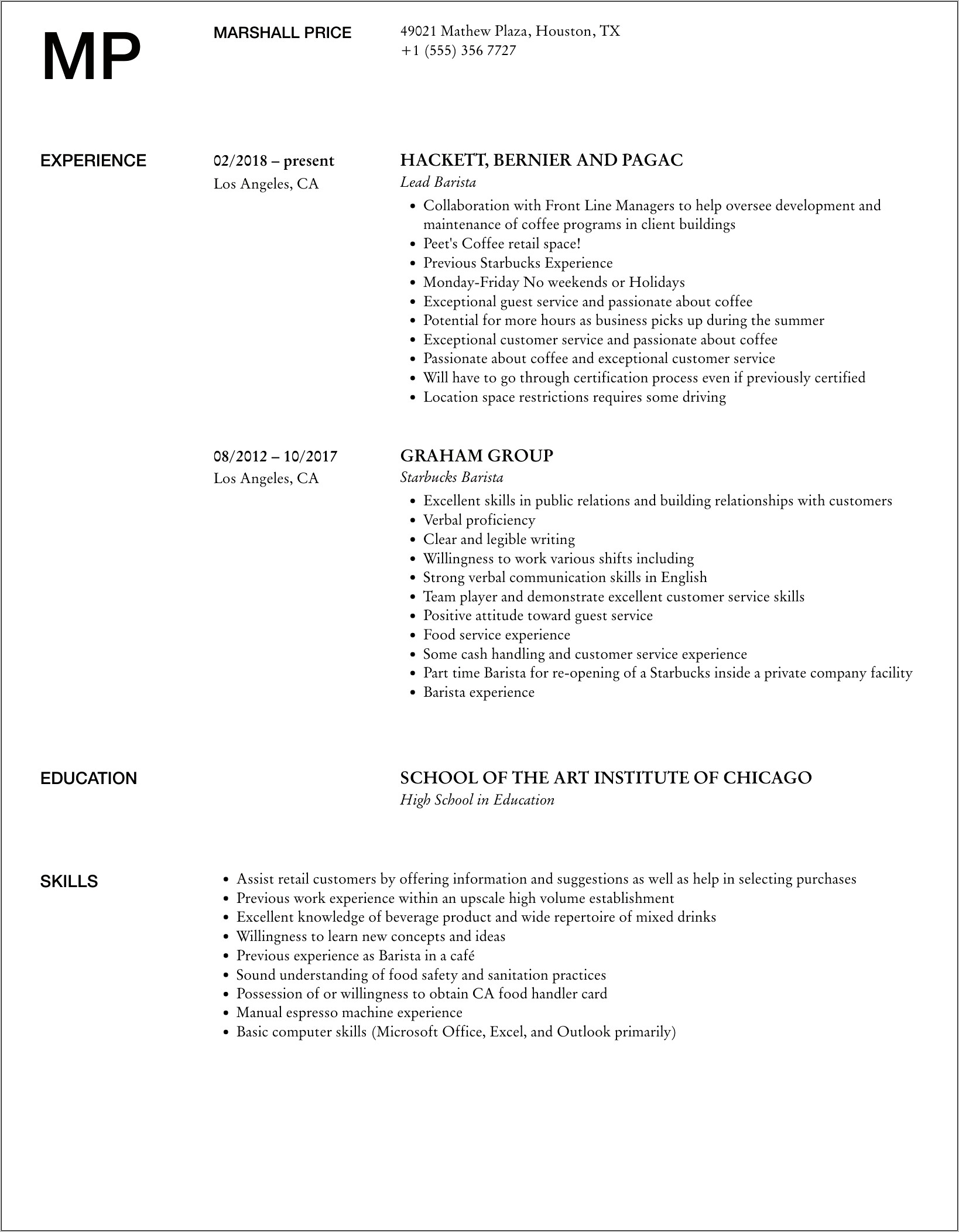 Barista Starbucks Job Description Resume
