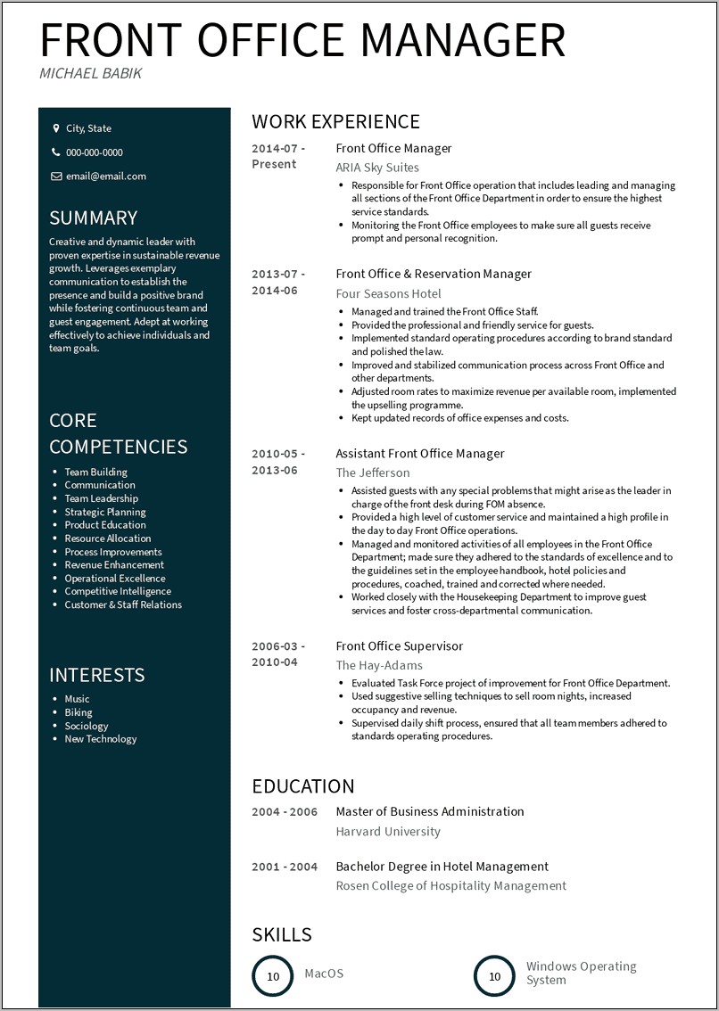 Best Front Office Manager Resume