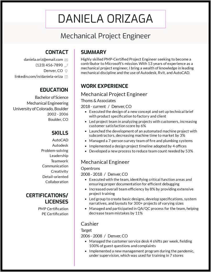 Best Resume For Mechanical Engineer