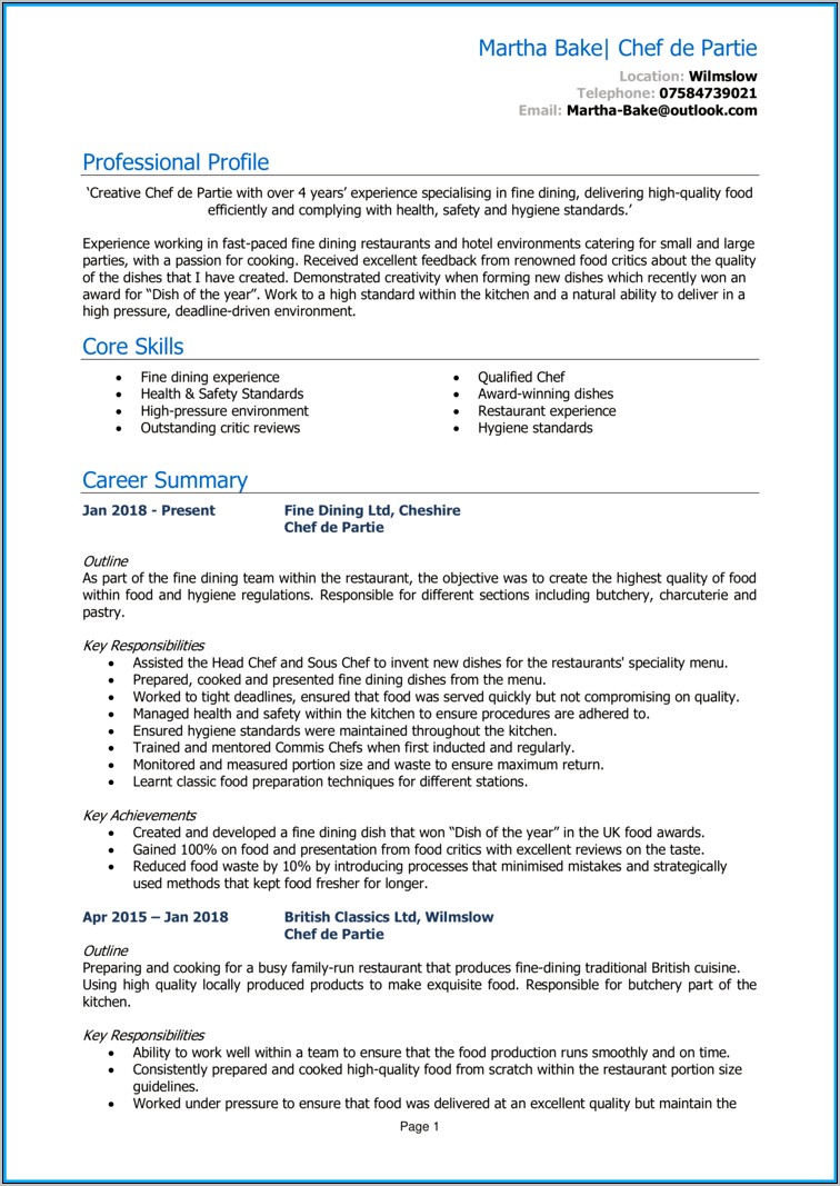 Best Summary For Chef Resume