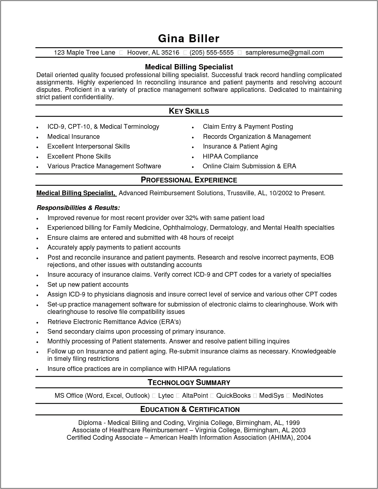 Billing Specialist Resume Job Description