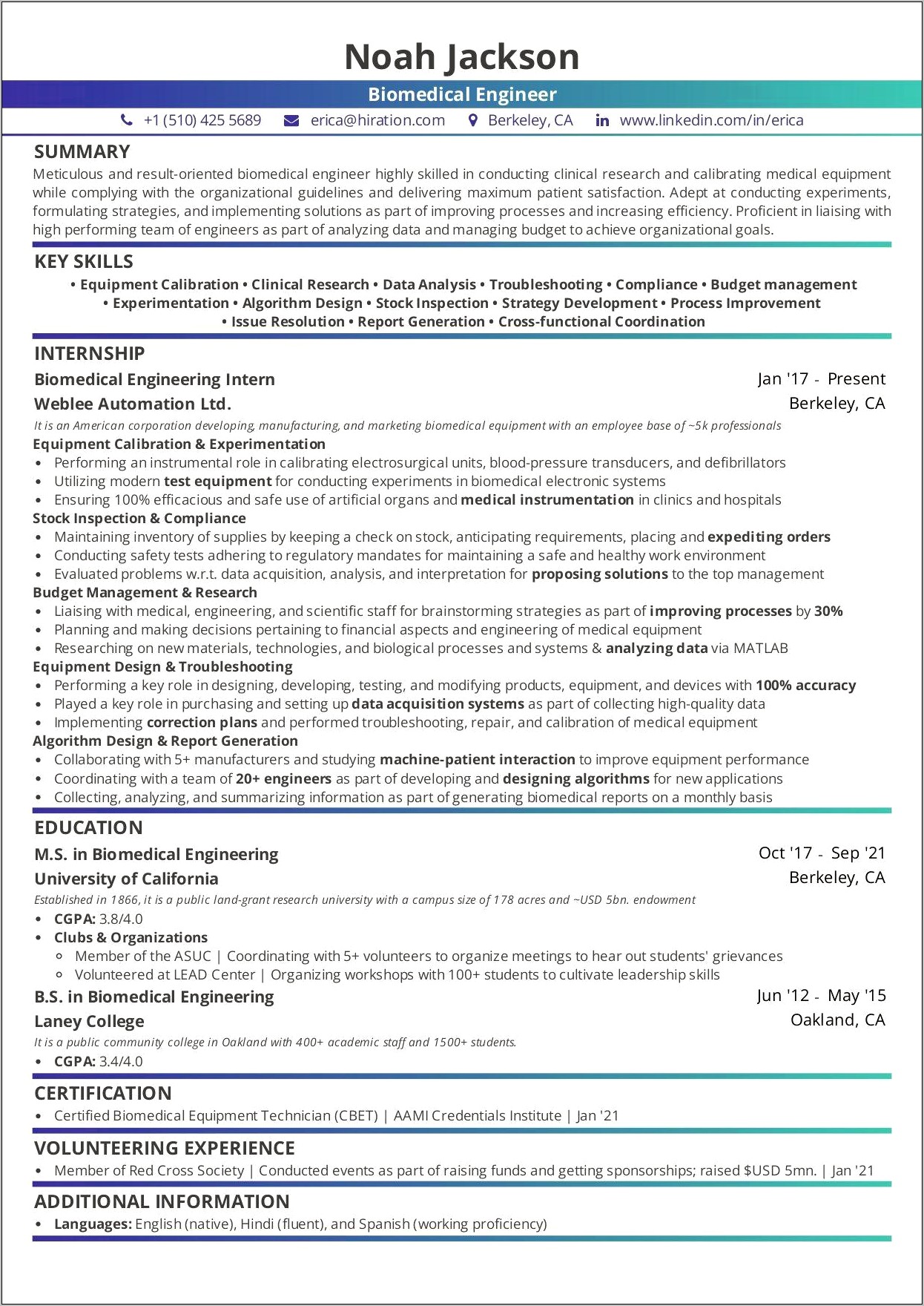 Biomedical Technician 1 Resume Objective