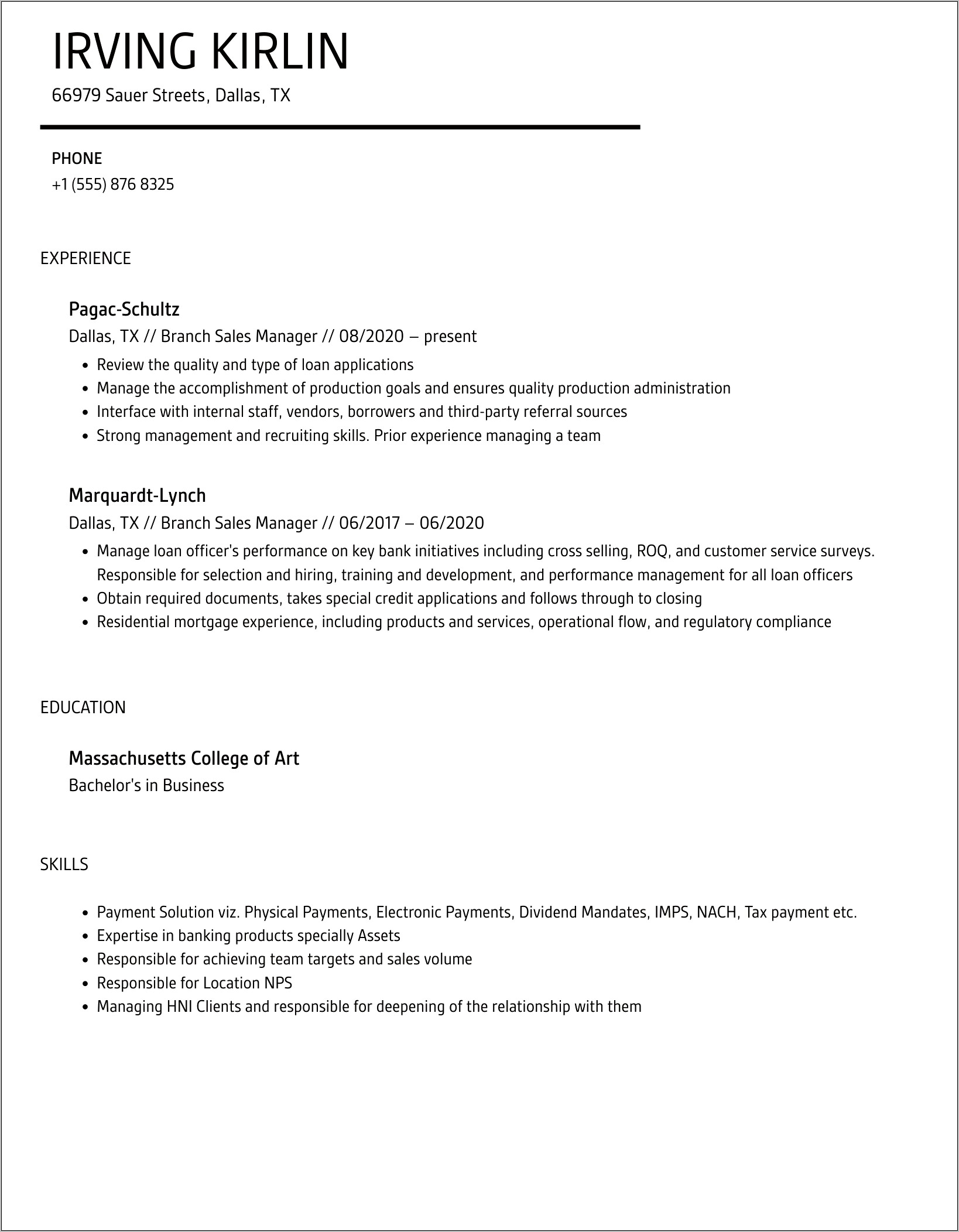 Branch Sales Manager Mortgage Resume