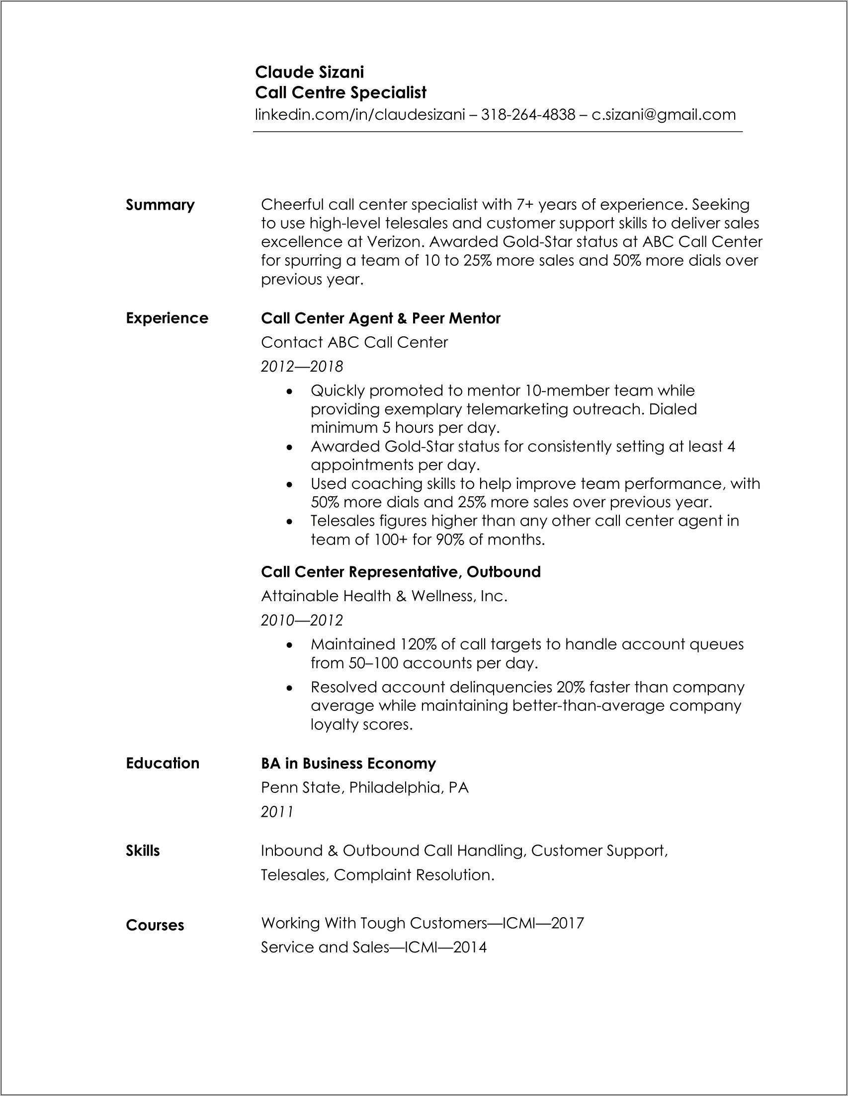 Business Account Manager Verizon Resume