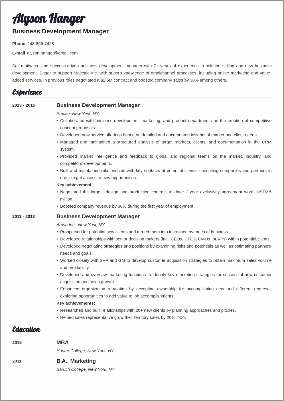 Business Development Manager Objective Resume