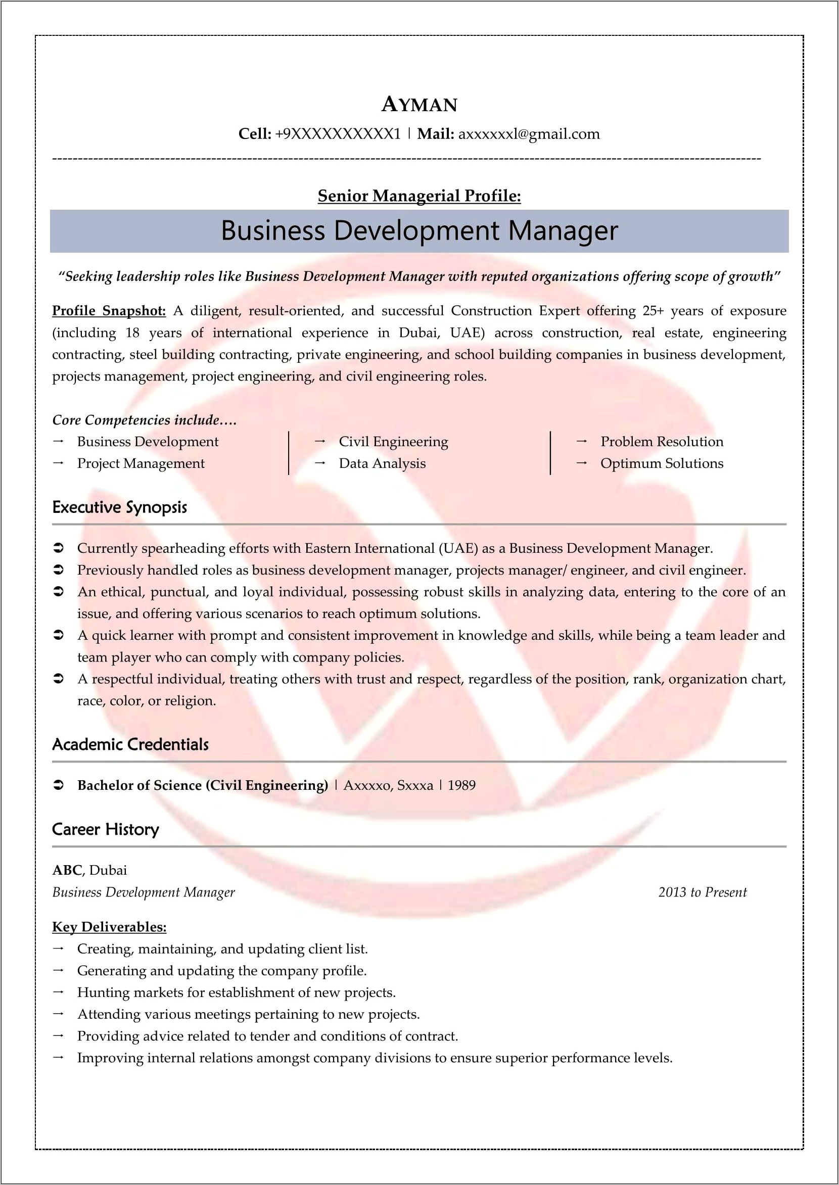 Business Development Project Manager Resume