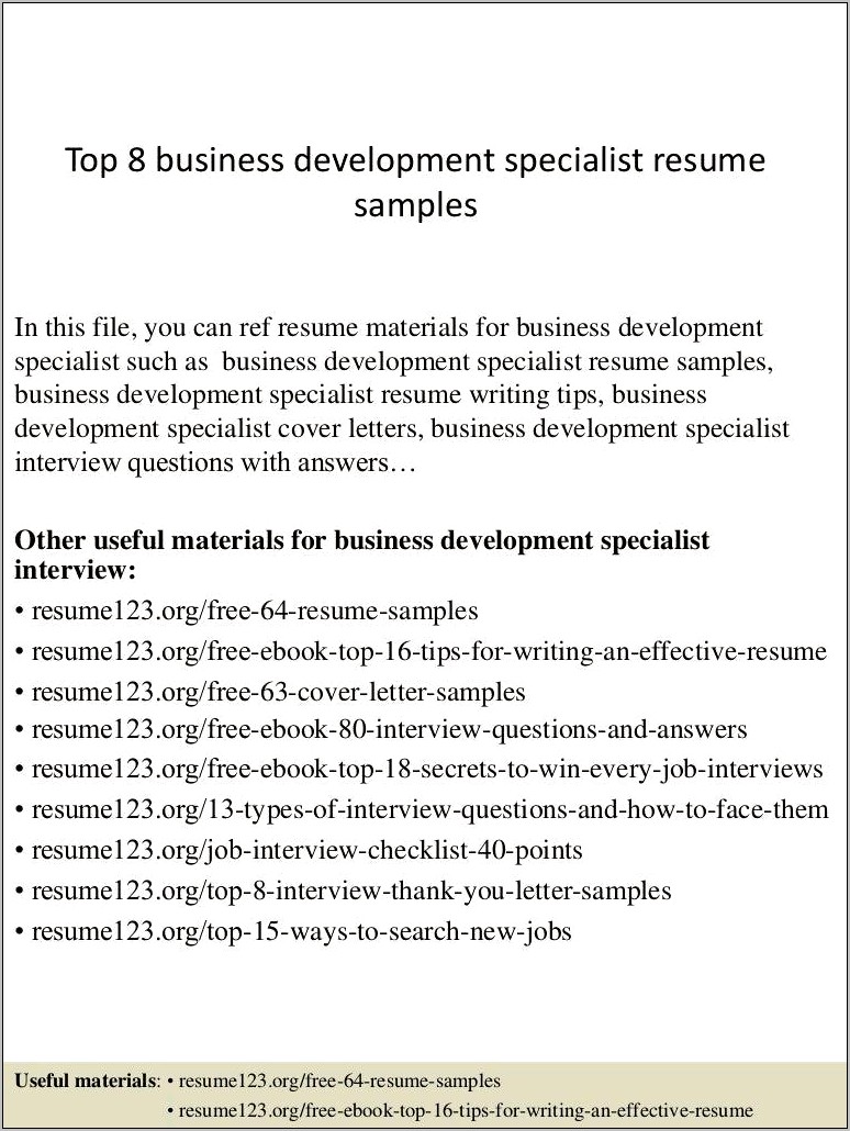 Business Development Specialist Resume Sample