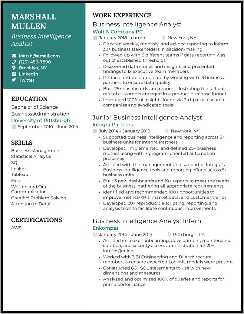 Business Intelligence Developer Resume Sample