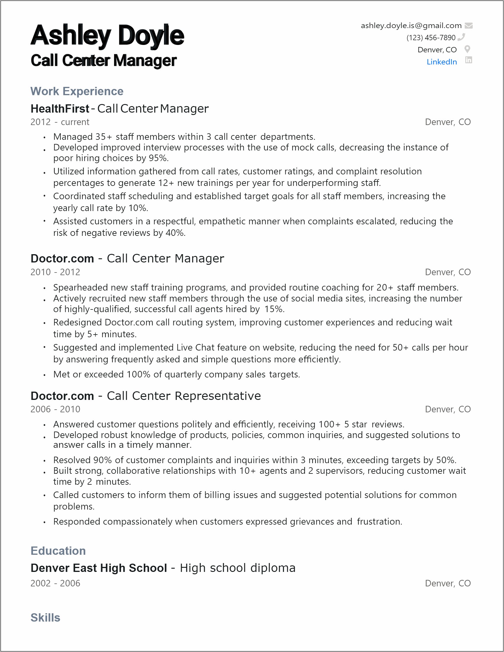 Call Center Manager Resume Skills