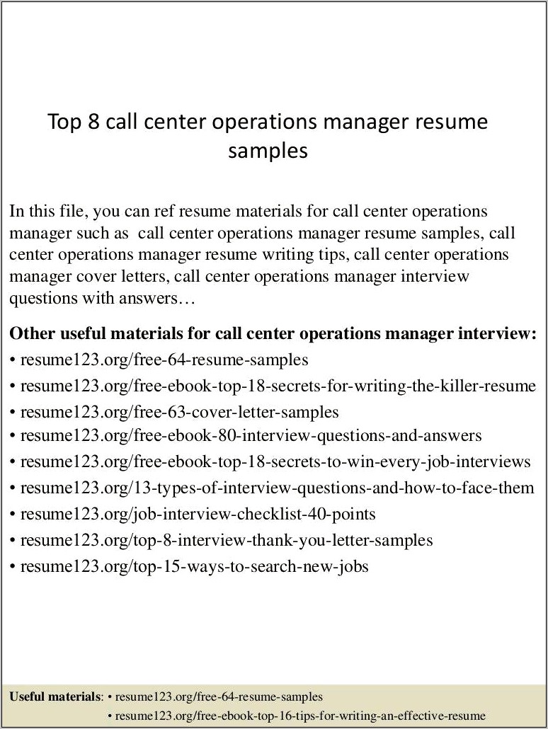 Call Center Operation Manager Resume