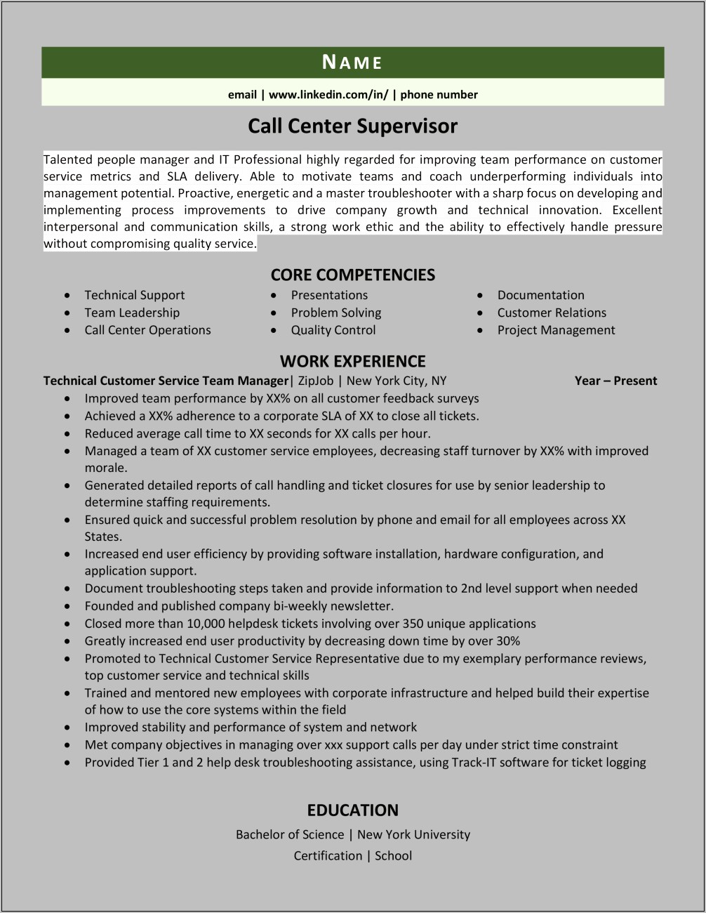 Call Center Supervisor Job Resume