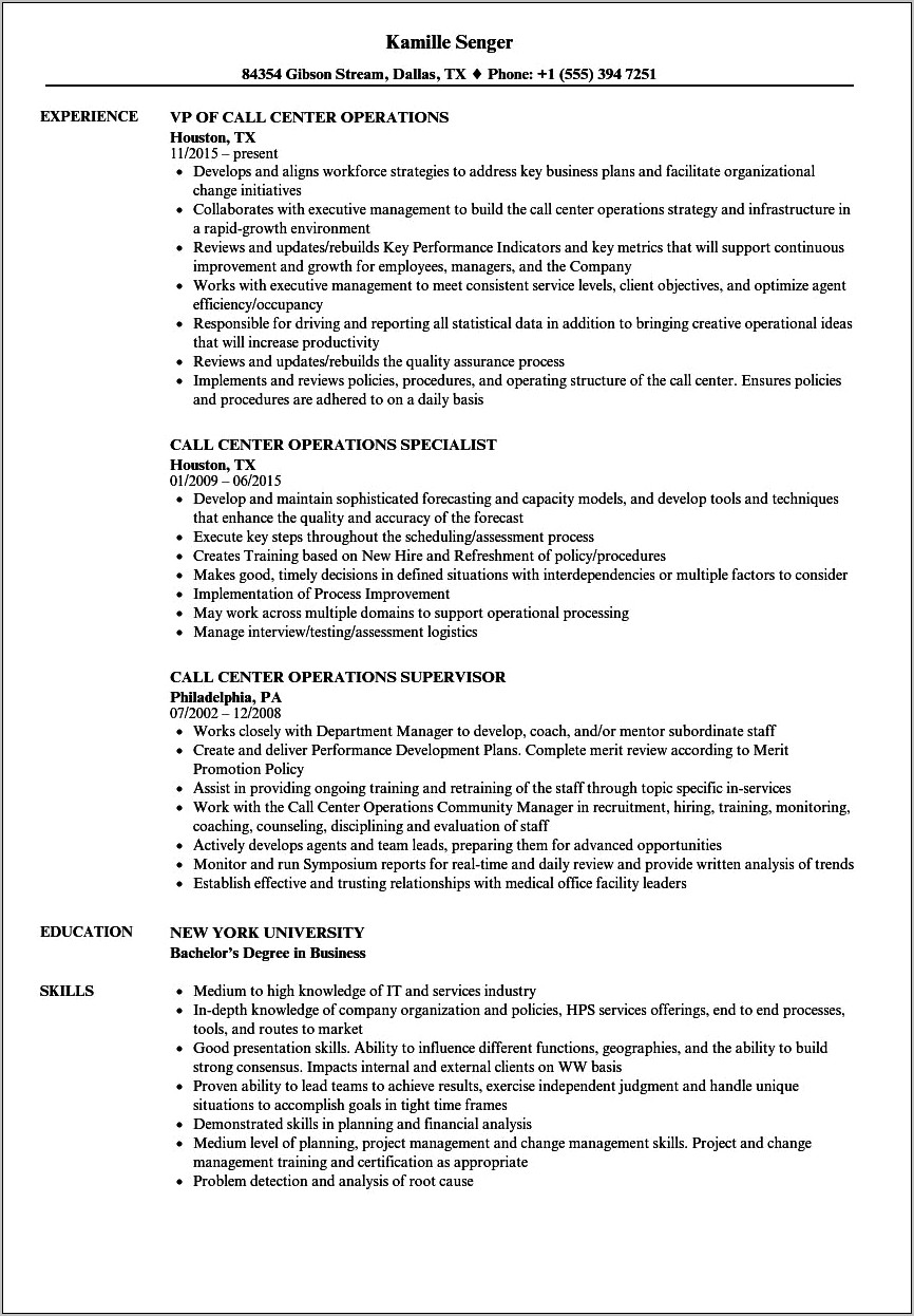 Call Centre Operations Manager Resume