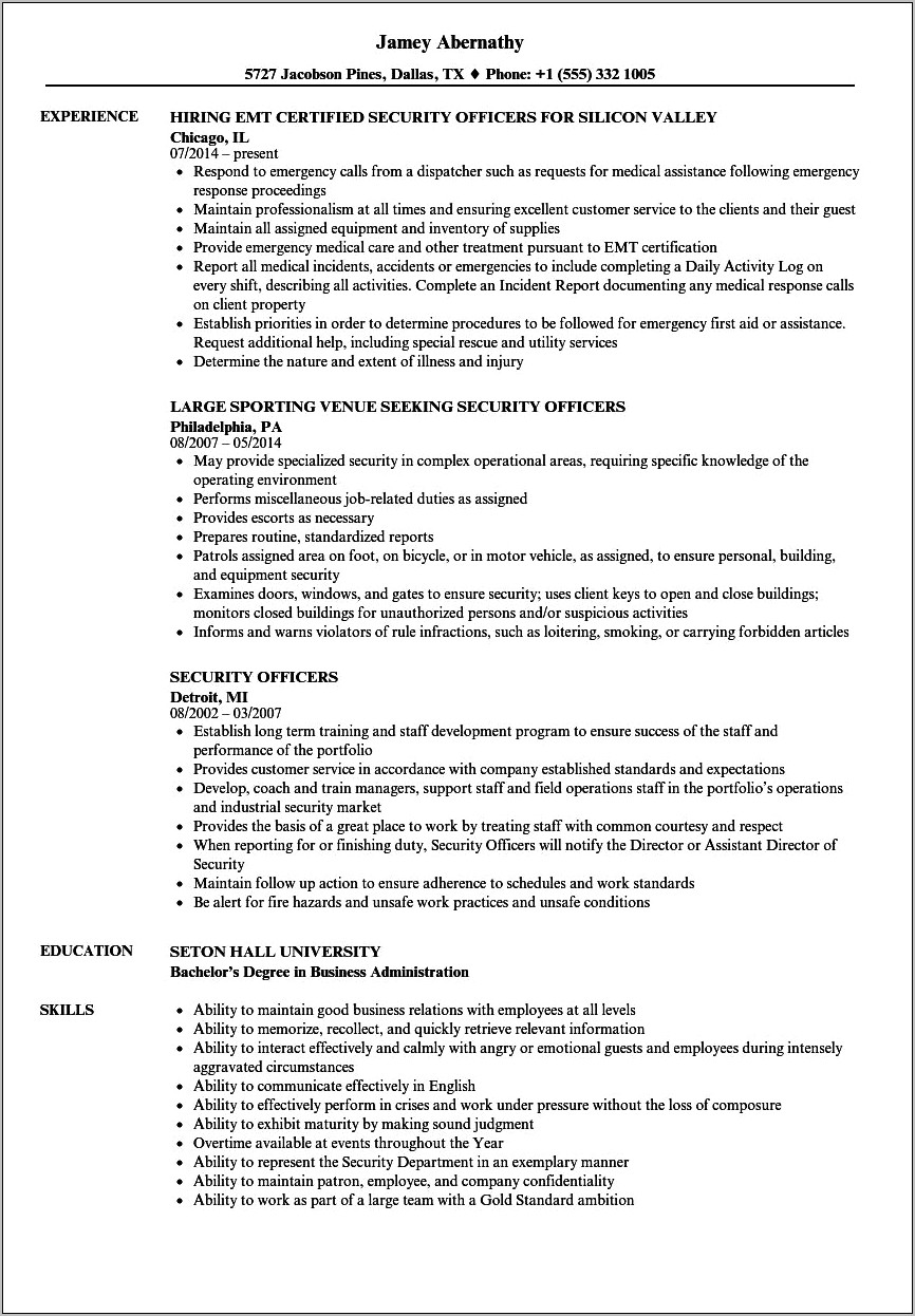 Casino Security Officer Resume Example
