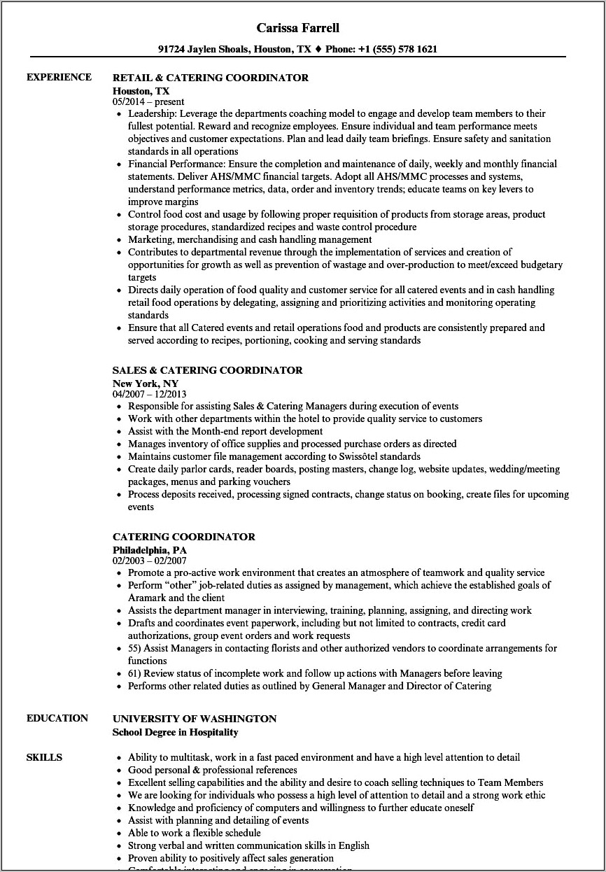 Catering And Event Manager Resume