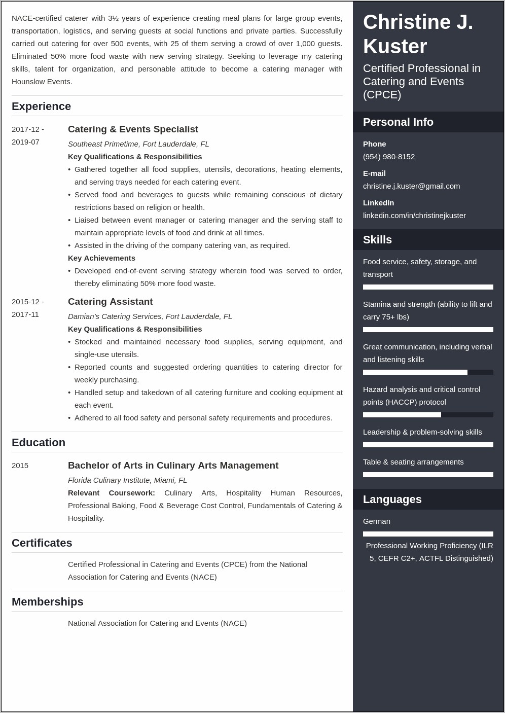 Catering Assistant Job Description Resume