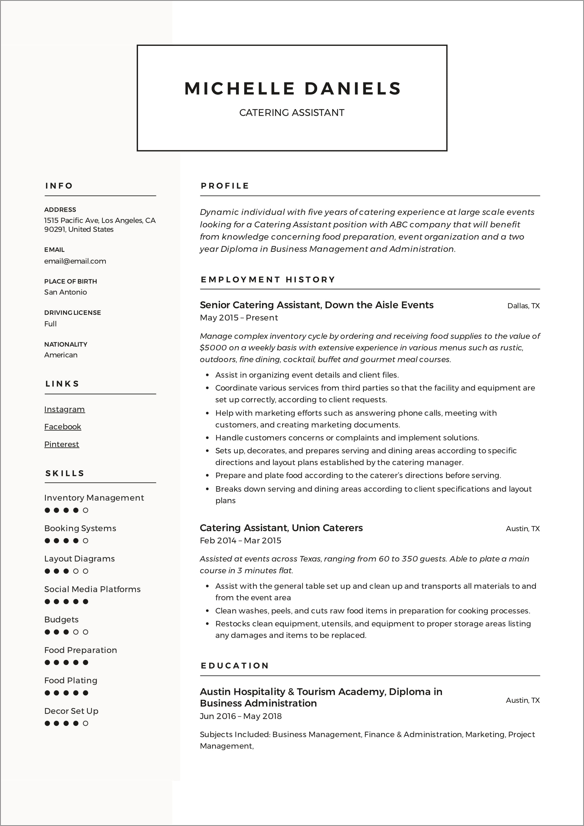 Catering Attendant Job Description Resume