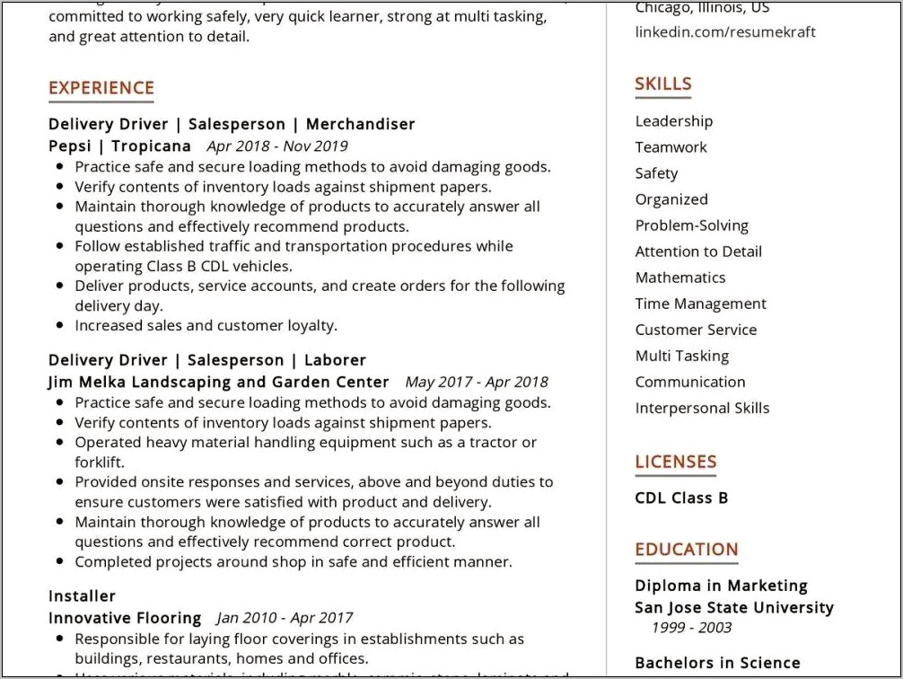 Cdl Class A Resume Examples