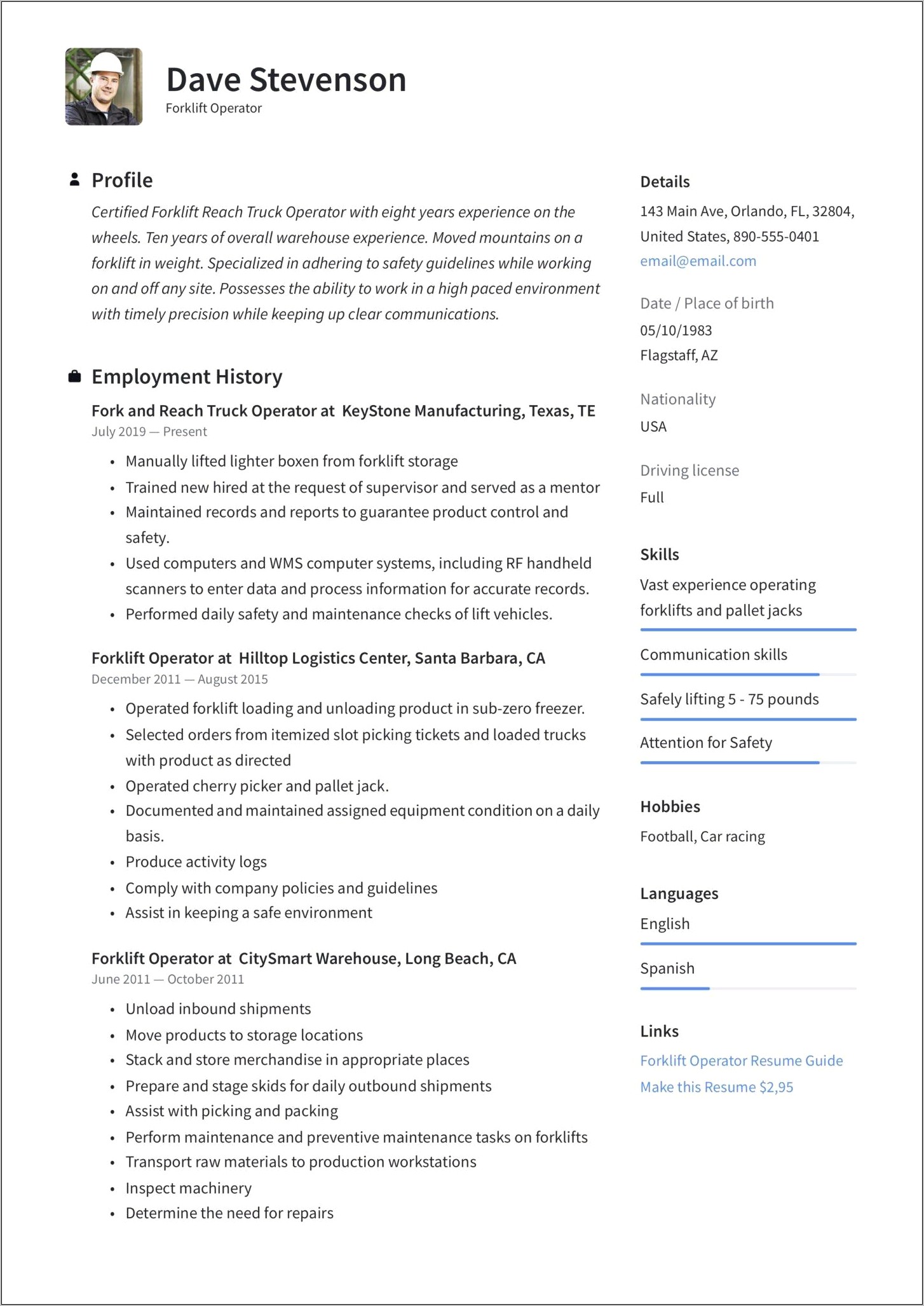 Certified Forklift Operator Resume Example