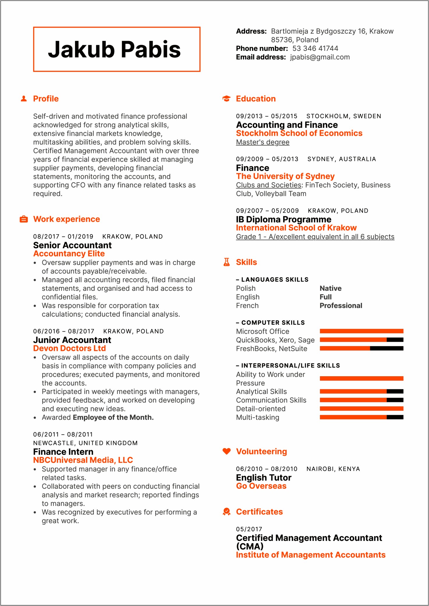 Certified Management Accountant Resume Sample