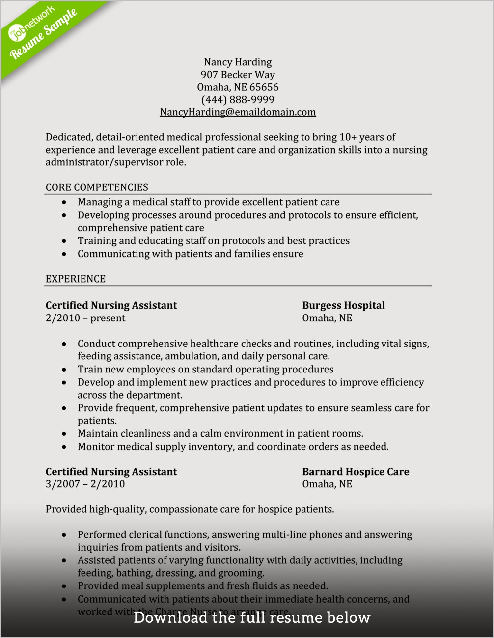 Certified Nursing Assistant Job Resume