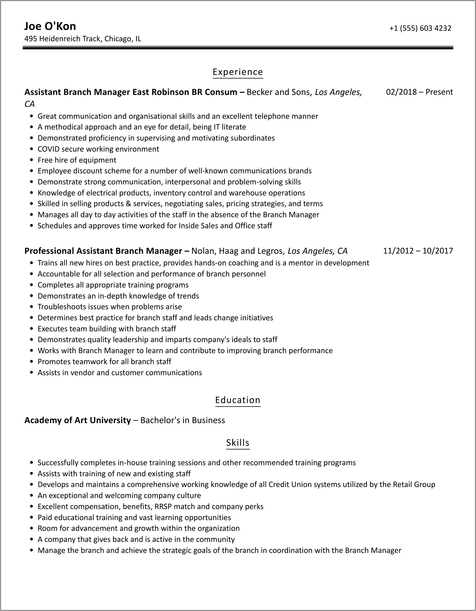 Chase Assistant Branch Manager Resume