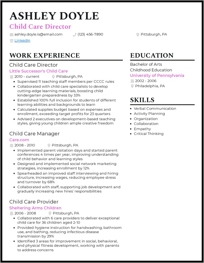 Child Care Assistant Resume Sample