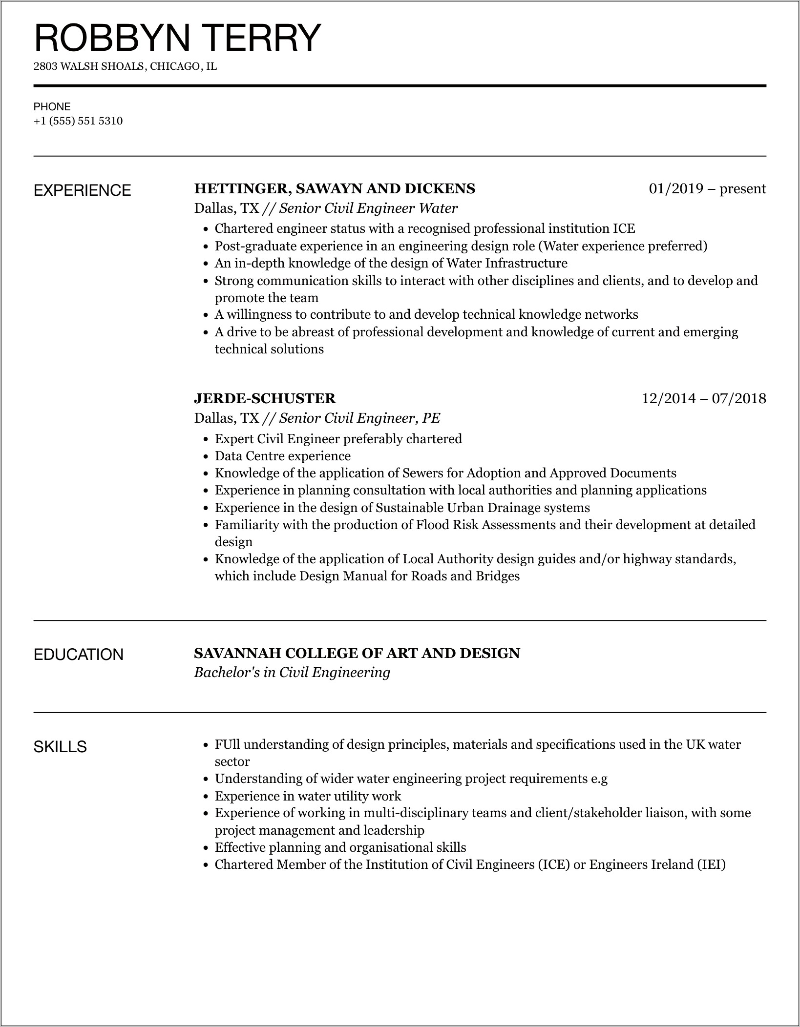 Civil Engineering Resume Format Examples