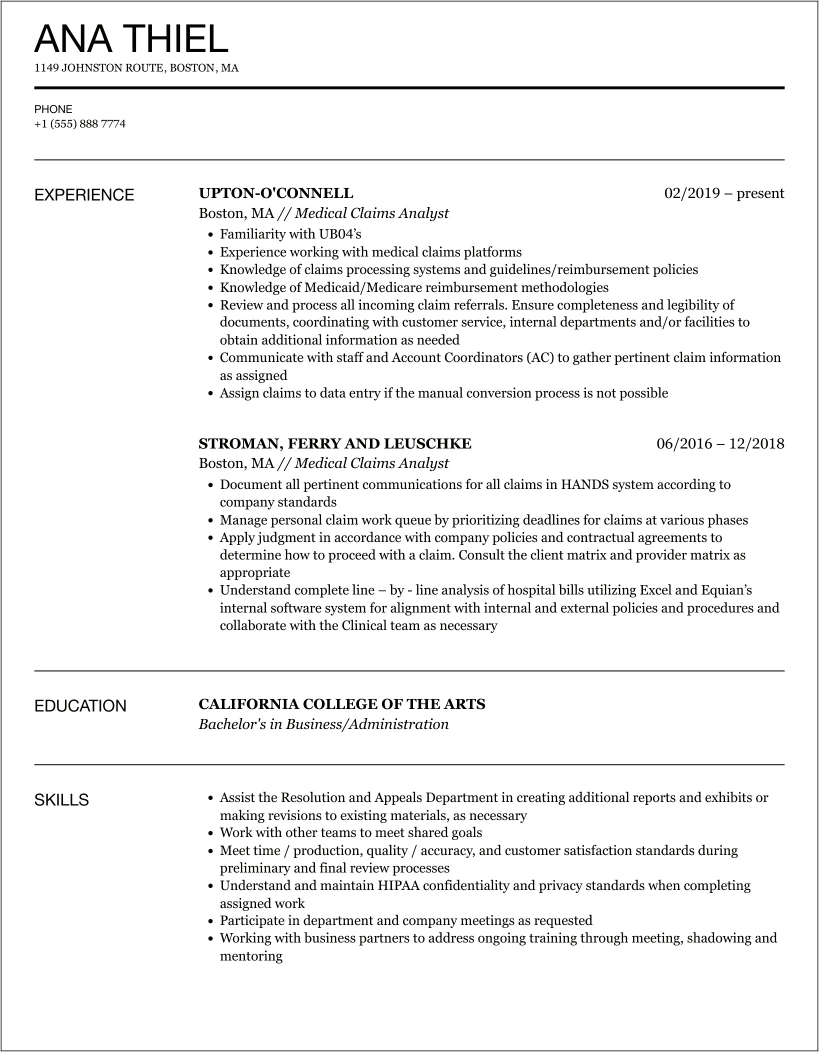 Claim Analyst Job Description Resume