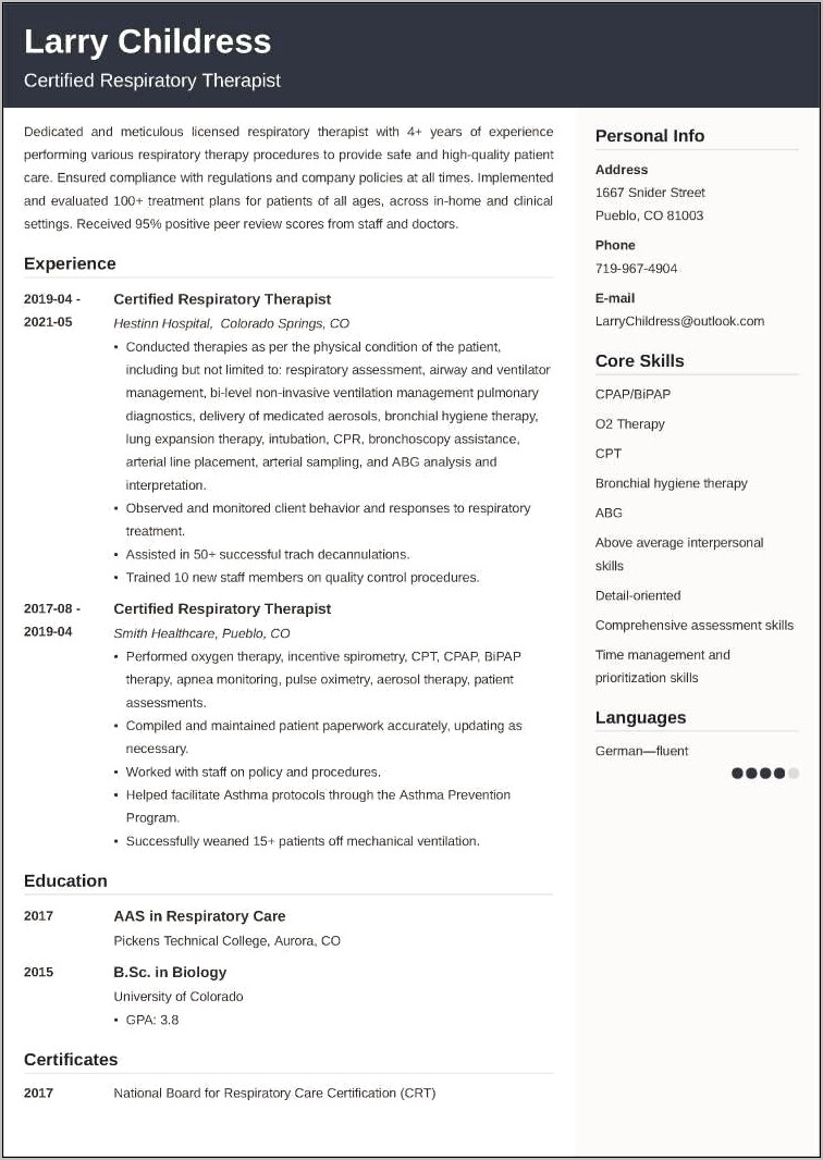 Clinical Respiratory Therapist Resume Examples