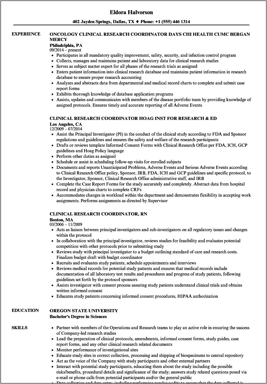 Clinical Trial Coordinator Resume Sample