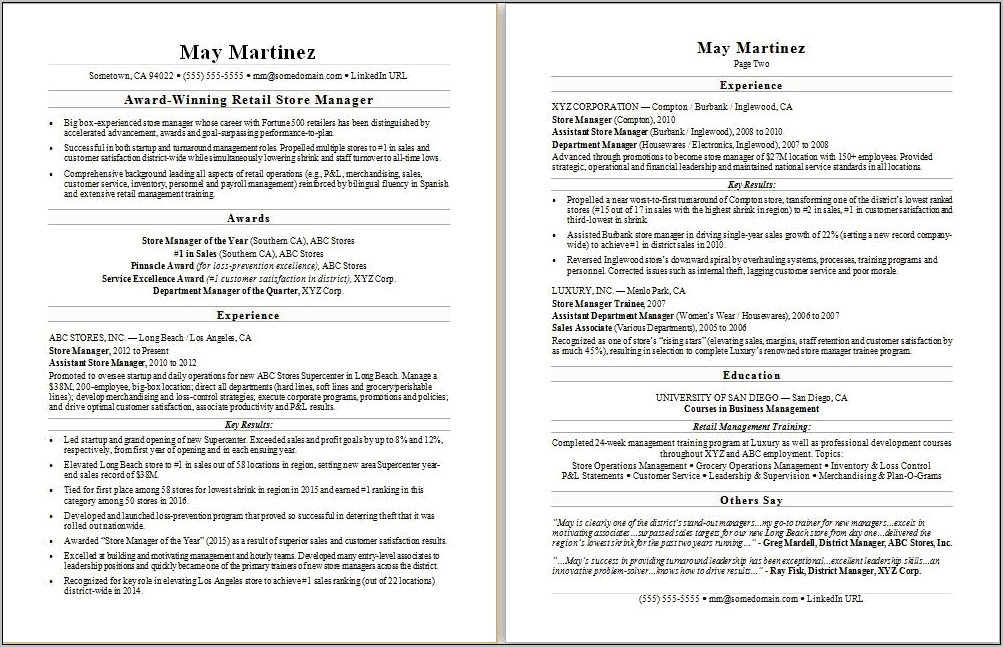 Coffee Shop Store Manager Resume