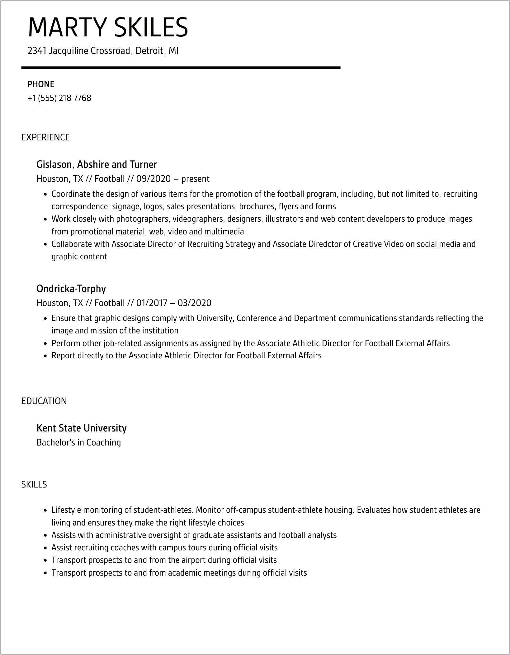 College Football Coaching Resume Samples