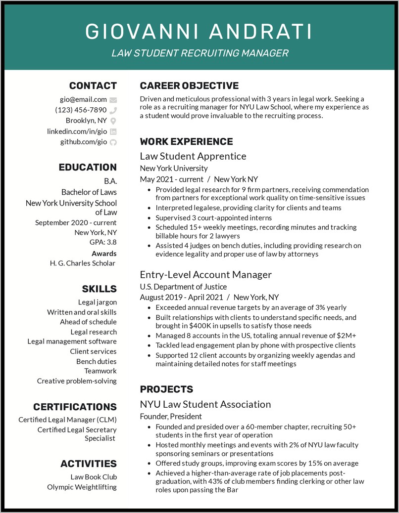 College Student Resume Sample Law
