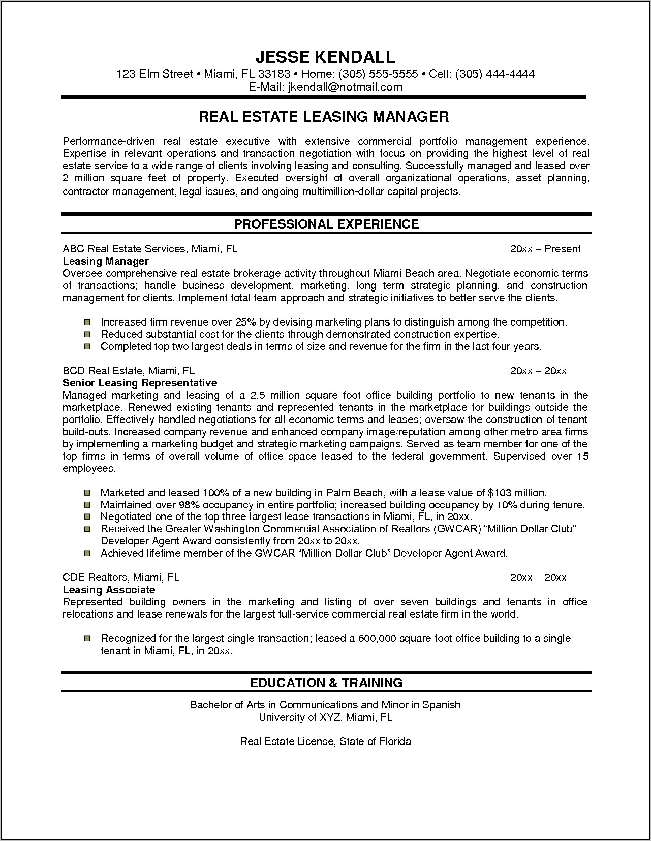 Commercial Property Manager Resume Summary
