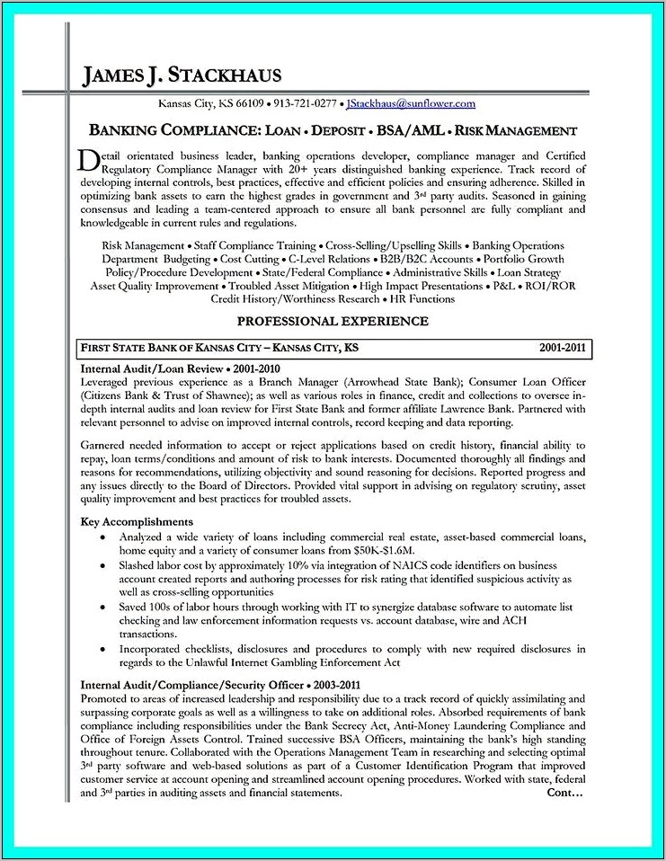 Compliance And Risk Management Resume
