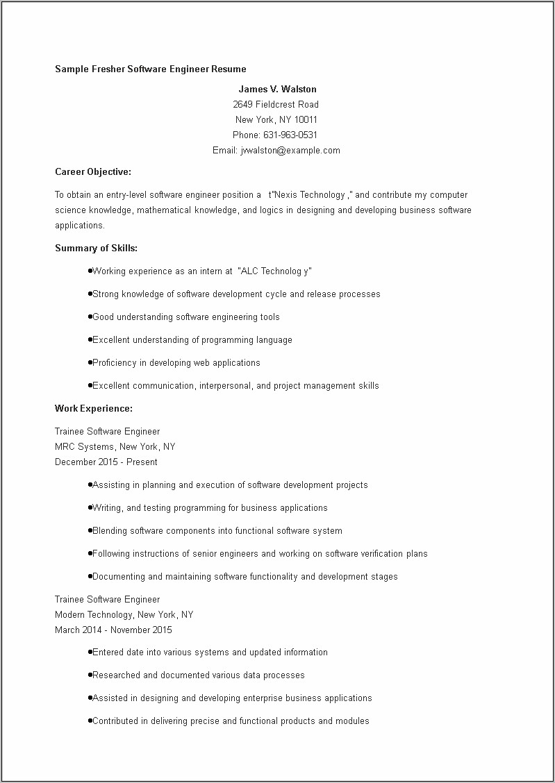 Computer Science Fresher Resume Objective