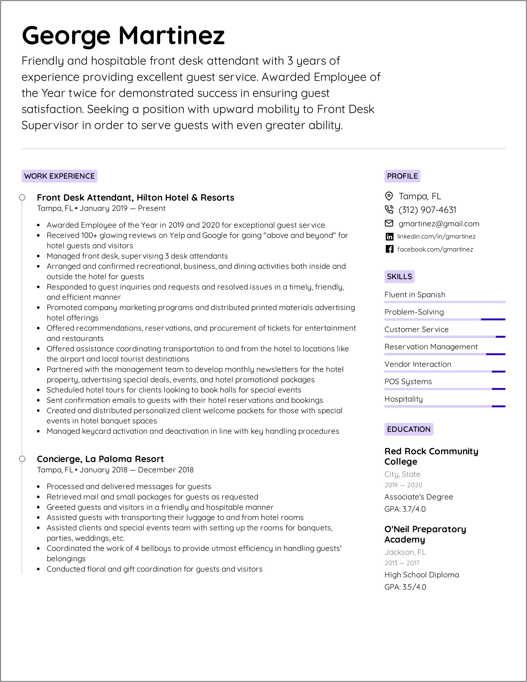 Concierge Job Description Resume Sample