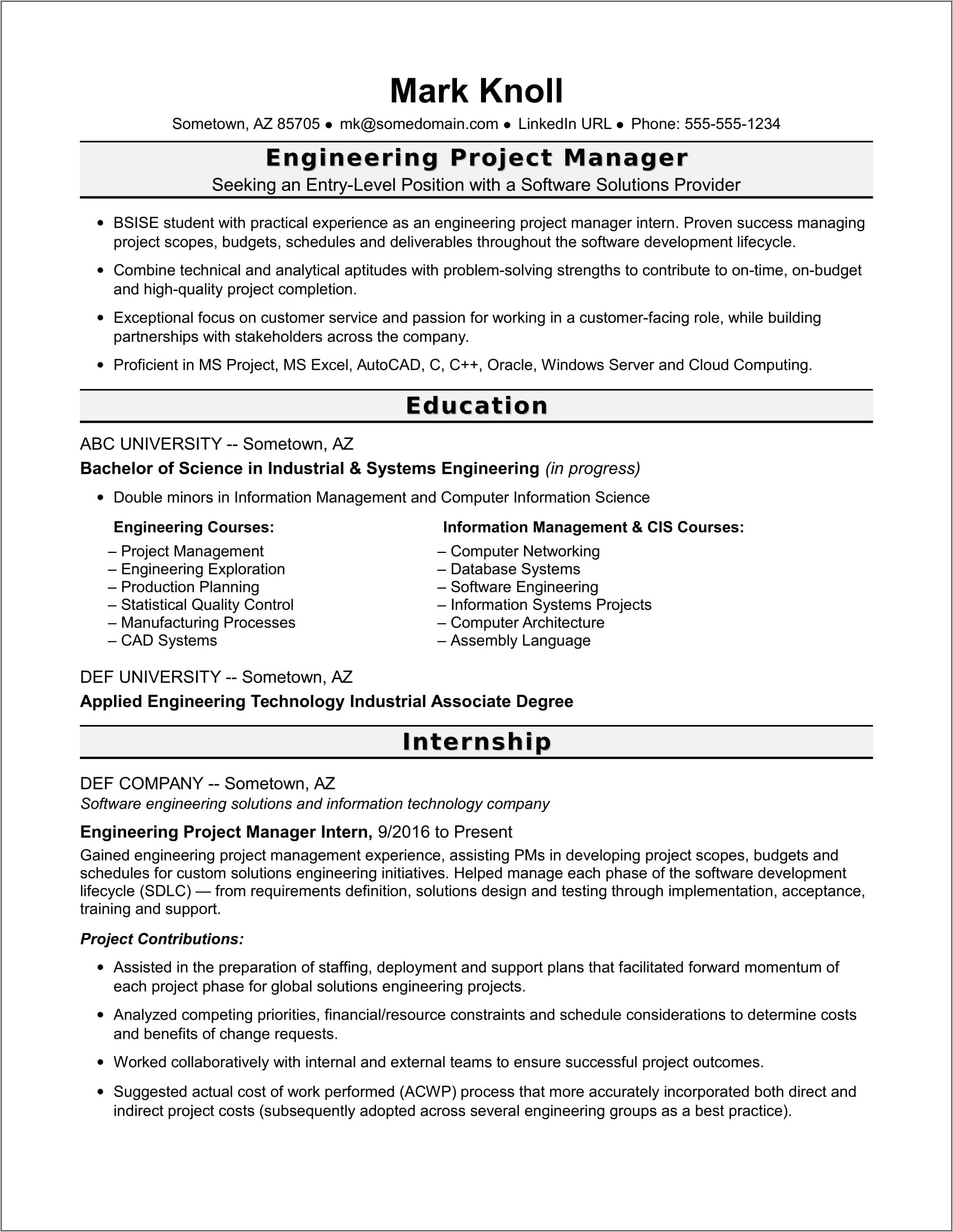 Construction Management Intern Resume Sample