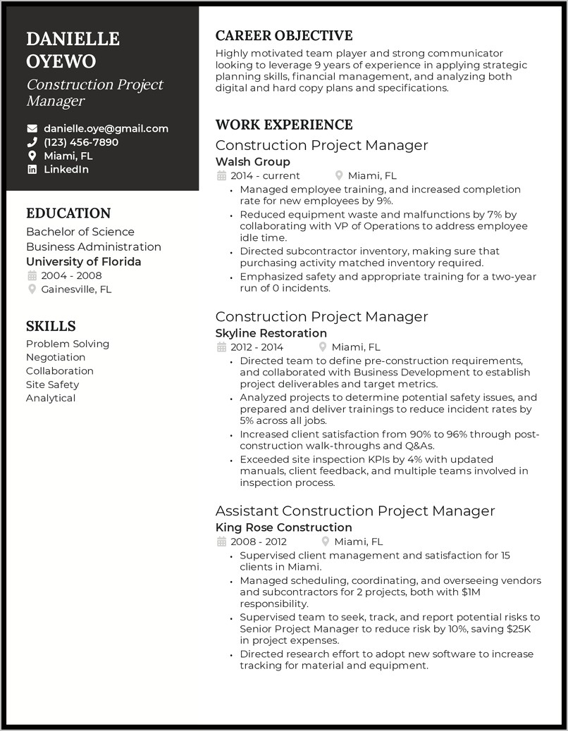 Construction Management Internship Resume Examples