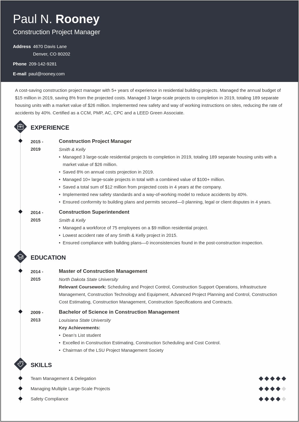 Construction Project Manager Resume Profile