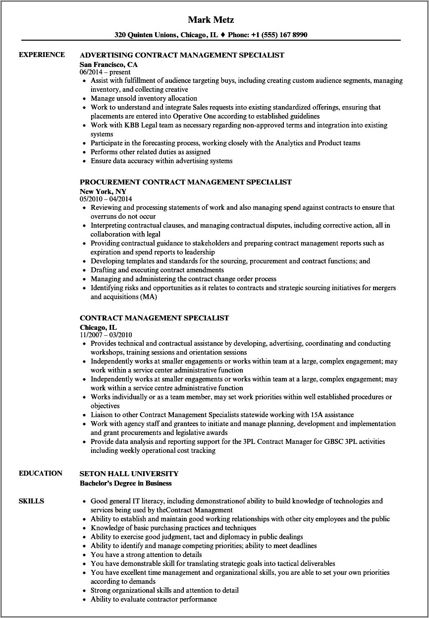 Contract Specialist Resume Sample Federal