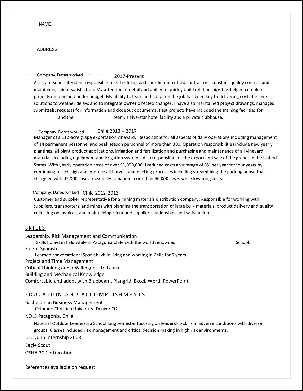 Corporate Construction Project Manager Resume
