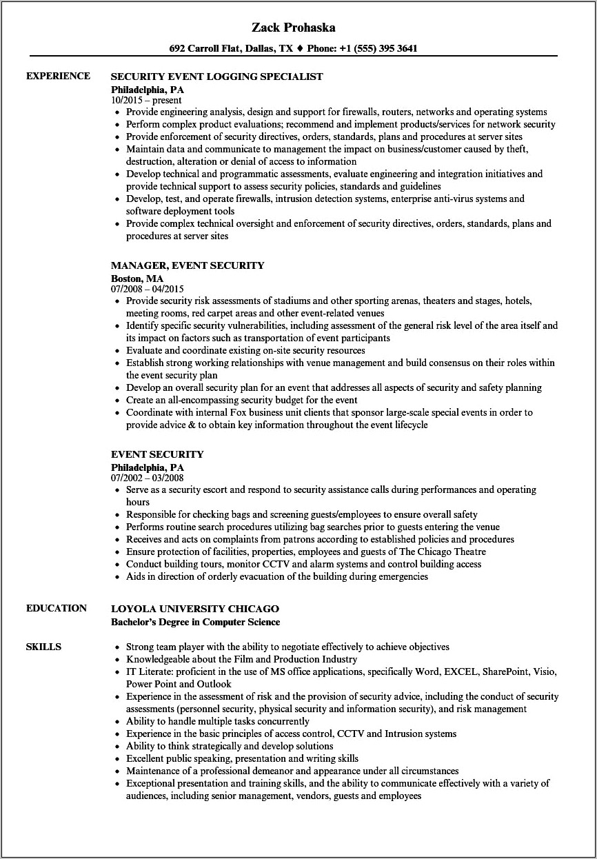 Corporate Security Job Description Resume
