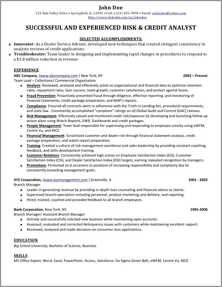Credit Risk Analyst Resume Objective
